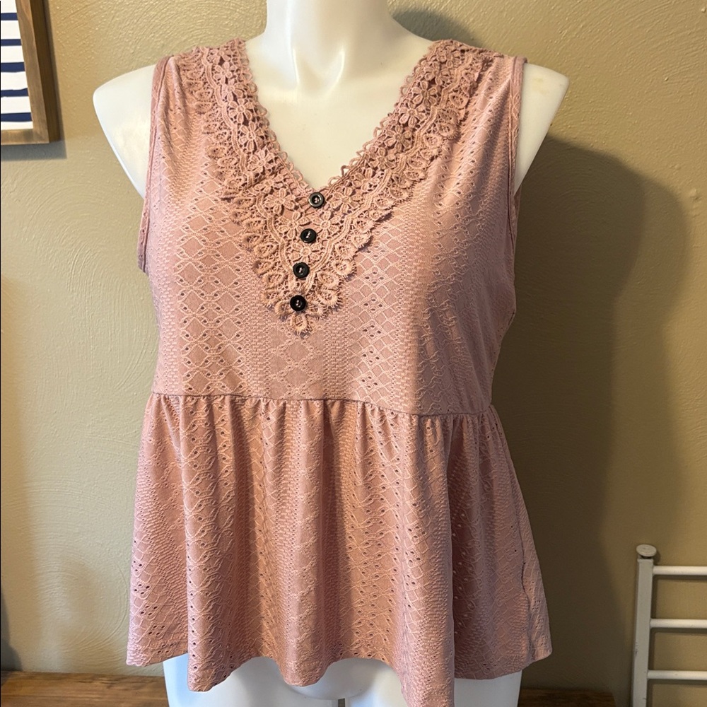 Pink Sleeveless Lace Trim Top